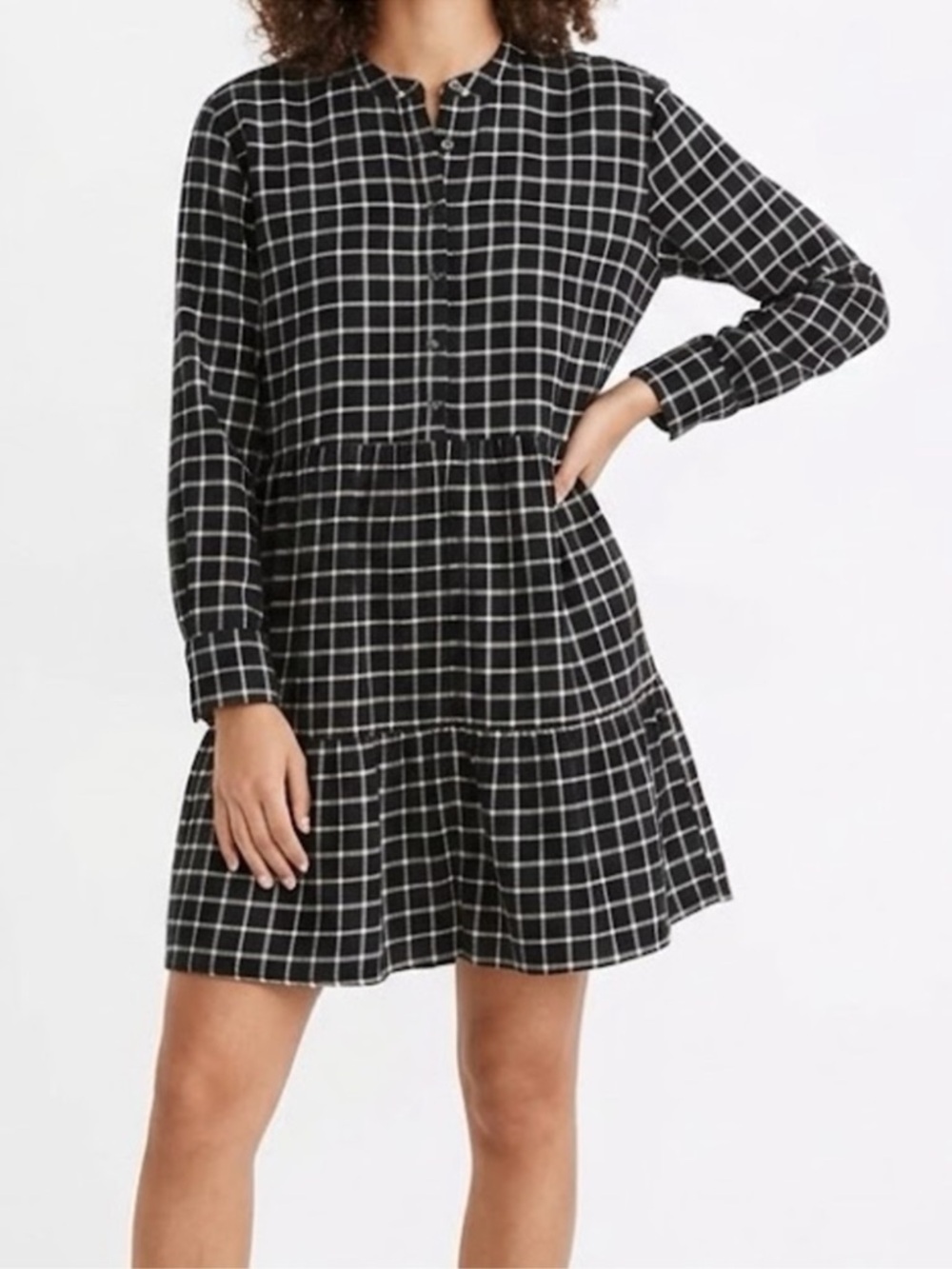 Madewell Flannel Button-Placket Tiered Mini Dress Windowpane‎ Plaid Black Small